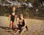 Vic and her boys on the beach.